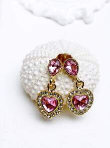 Bông tai thả trái tim đá quý - Màu Hồng baby - Xem 4