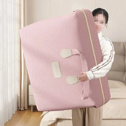 1pc Lotus Root Powder Color Quilt Storage Bag, Fashionable Non-Woven Fabric Rectangular Luxurious Leatherette Label Laundry & Bedding Organizer