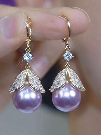 Luxury Rhinestone-Encrusted Purple Pearl & Leaf Design Unique Statement Earrings, Fashion & Versatile