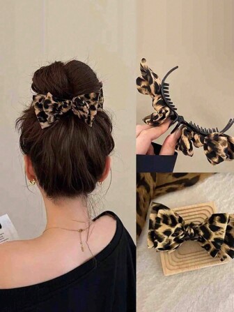1 pieza Pinza de pelo con lazo de estampado de leopardo elegante, Pinza de pelo con lazo de estampado de leopardo grande y elegante, Pinza de pelo con lazo de poliéster y spandex elegante, Pinza de pelo con gran lazo de doble capa elegante y retro, Clip para fijar el moño alto, Pinza de tela con inspiración vintage para coletas y recogidos, Nudo de PVC inspirado en Y2K para mujeres, Pinzas de regalo perfectas, Pinzas de pelo, Pasadores de pelo, Accesorios para el cabello para la escuela
