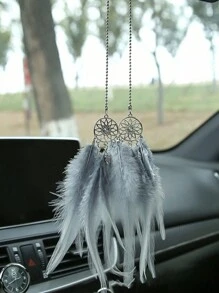 1件灰色仿羽毛后视镜挂饰，汽车装饰配件，可爱羽毛后视镜挂件，汽车礼品，波西米亚风格设计，复古工艺，汽车内饰配件 - 灰色 - 查看 5