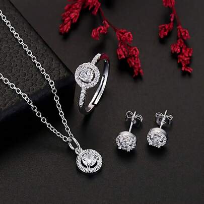 3Pcs Elegant 925 Sterling Silvery Plated Jewelry Set For Women - Cubic Zirconia Necklace, Ring & Earrings - Perfect For Weddings, Parties & Holidays
