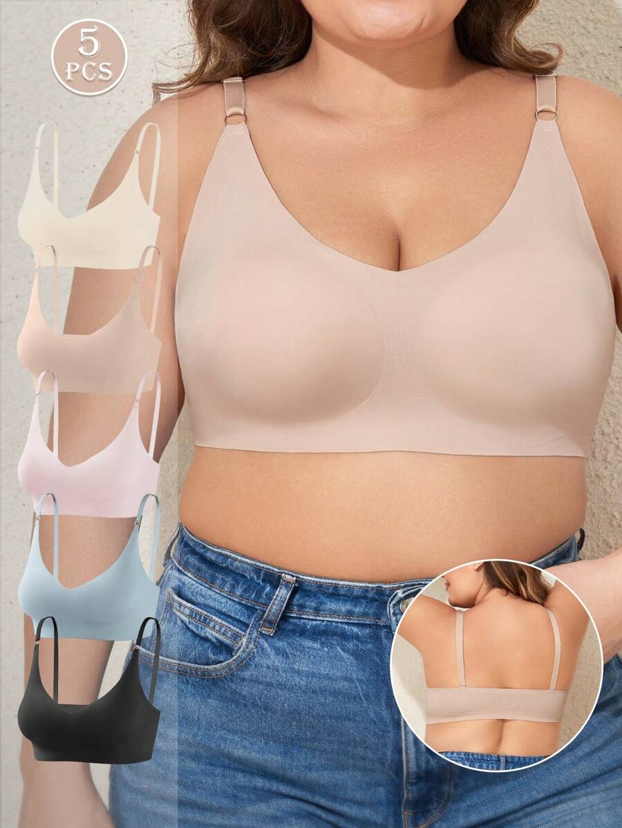 5pcs Plus Size Women Lift & Shape Seamless Bras, Adjustable No-Wire No-Rip Reduce Back Fat Push Up Bras - Multicolor - View 1
