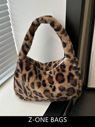 1pc Leopard Print Plush Portable Zipper Fashion Shoulder Bag, Suitable For Women's Everyday Use, Perfectly Matching With Fall Outfits Women Fall Clothes For Women, Fall Winter Fashionable Cheetah Print Purse For Women, New Fall Winter Tiger Print Bag For Women