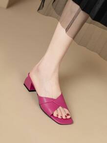 Women's Square Toe Chunky Heels Sandals, Fashion Pink High Heel Sandals For Summer