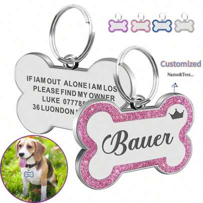 Dog Tags Engraved For Pets Personalized Dog Tag With Any Name & Text Dog Collar Custom Glitter Dog Name Tag Bone Dog ID Tag For Puppy Pets,Customized Pet Collars, Leashes & Harnesses
