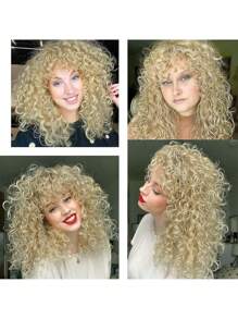 18 Inch Synthetic Fiber Curly Wig For Women, Fluffy Blonde Wig With Bangs, Natural Looking Cosplay Wig, Heat Resistant - Gold - View 9