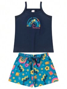 Kit com 5 Conjuntos Infantil Menina Verão Blusa Alcinha e Shorts com Elástico Tecido Algodão com Elastano - Multicolorido - Visão 5