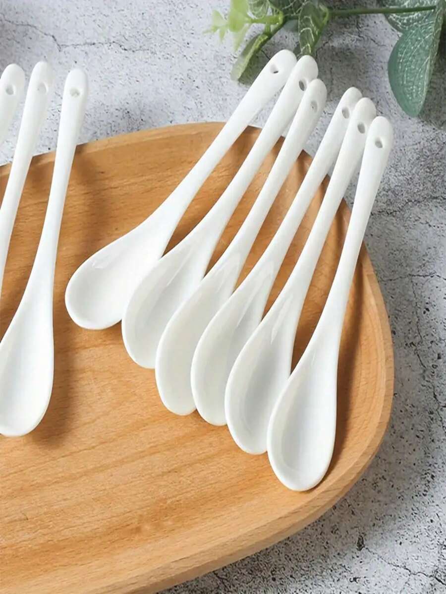 Set da 10 pezzi di cucchiai in ceramica, in porcellana bianca con manico lungo, multiuso per caffè, zuppa, tè e condimenti, accessori da cucina eleganti - Bianco - Visualizzare 1