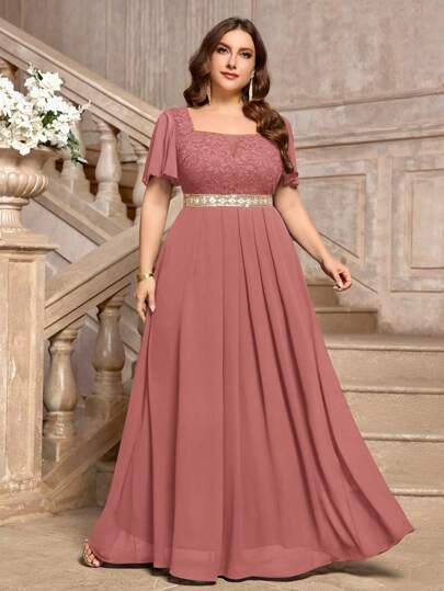 Plus Deep V Neck Floral Lace Contrast Chiffon Butterfly Sleeve Formal Evening Party Dress, Homecoming Dress, Wedding Guest Dress, For Birthday, Graduation, Formal Events