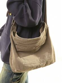 休闲复古卡其色厚水洗帆布包，时尚大容量可折叠多功能手提包和单肩包，适合日常使用，大学生书包，手提包