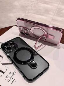 1pc Transparent Electroplated Shockproof Silicone Phone Case With Metal Sliding Stand/Shockproof Phone Case, TPU Material, Compatible With Iphone 15 Pro Max/16 Pro Max/16 Pro/11/12/13/14 Pro Max/14 Pro/13 Pro Max/16, 17, 17 Pro, 17 Pro Max, S24, S24 Ultra, S25, S25 Ultra, Support Wireless Magnetic Charging Waterproof Anti-Fall Scratch Resistant - Pink - View 4