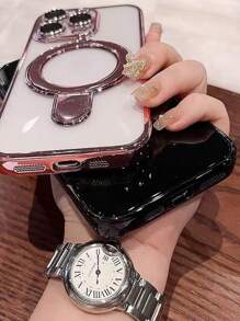 1pc Transparent Electroplated Shockproof Silicone Phone Case With Metal Sliding Stand/Shockproof Phone Case, TPU Material, Compatible With Iphone 15 Pro Max/16 Pro Max/16 Pro/11/12/13/14 Pro Max/14 Pro/13 Pro Max/16, 17, 17 Pro, 17 Pro Max, S24, S24 Ultra, S25, S25 Ultra, Support Wireless Magnetic Charging Waterproof Anti-Fall Scratch Resistant - Pink - View 5