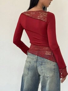 Floreya 女士性感时尚蕾丝拼布不对称镂空长袖衬衫