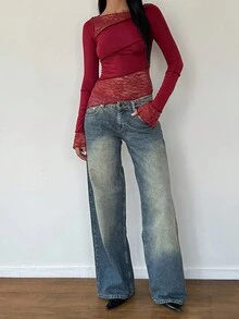 Floreya 女士性感时尚蕾丝拼布不对称镂空长袖衬衫