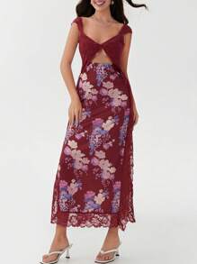 Women's Y2K Summer Bodycon Maxi Dress Floral Print Lace Patchwork Long Dress Sleeveless Backless V Neck Party Dress Beach Vacation Sundress - Đỏ - Xem 1