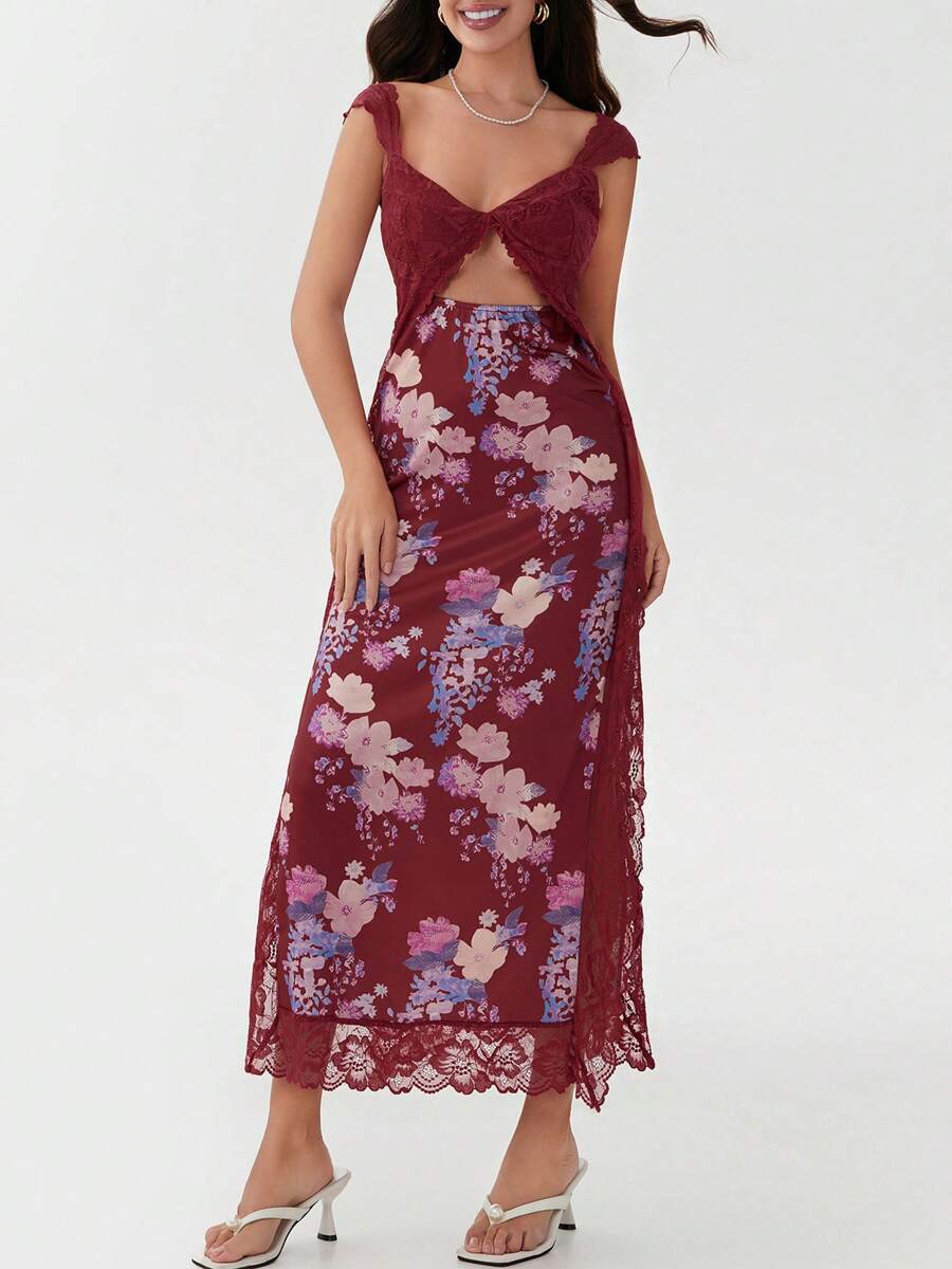 Women's Y2K Summer Bodycon Maxi Dress Floral Print Lace Patchwork Long Dress Sleeveless Backless V Neck Party Dress Beach Vacation Sundress - Đỏ - Xem 1