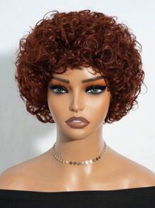 Human Hair Short Deep Curly Bob Wigs With Bangs 6 Inch Brazilian Afro Curly Human Hair Wigs Glueless Machine Made Short Pixie Cut Wigs For Women Reddish Brown Color - Rust Brown - View 2