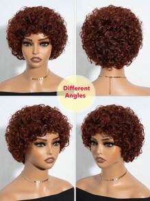 Human Hair Short Deep Curly Bob Wigs With Bangs 6 Inch Brazilian Afro Curly Human Hair Wigs Glueless Machine Made Short Pixie Cut Wigs For Women Reddish Brown Color - Rust Brown - View 3