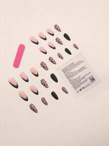 Upgrade Your Look With 24pcs Long Almond Black French Matte Leopard Golden Line Fake Nail & 1pc Nail File & 1sheet Tape Press On Nails Nail Supplies