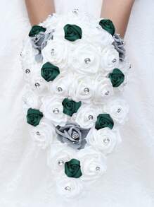 1 باقة من الورود البيضاء الأنيقة الكبيرة، مرصعة بالكريستال والأحجار الكريمة واللؤلؤ وشريط الساتان المتدلي، باقة عروس، حفل زفاف، وصيفة العروس، حفل ، عيد الحب، ترتيب زهور الرغوة الاصطناعية PE W330PE - قطر 23 سم، طول 40 سم، ارتفاع 26 سم - مشاهدة 15