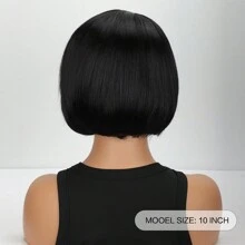 畅销女士合成纤维假发，侧分波波头短直发，时尚黑色高温丝全头带前蕾丝假发 - 黑色 - 查看 4