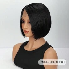 畅销女士合成纤维假发，侧分波波头短直发，时尚黑色高温丝全头带前蕾丝假发 - 黑色 - 查看 3