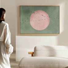 1PC, Canvas Hanging Poster, Solid Wood 30*40 Framed Painting, Light Blue Japandi Canvas Wall Art Print, Flying Bird Frame Art, Minimalist Landscape Artwork, Large Living Room Decor, Pink Moon Decor