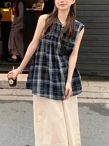Japanese Retro Plaid Design Round Neck Sleeveless Loose Casual Shirt Blouse For Women, Summer New