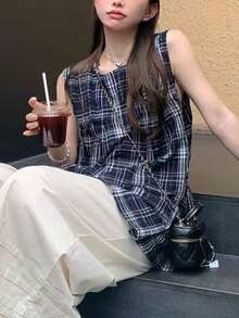 Japanese Retro Plaid Design Round Neck Sleeveless Loose Casual Shirt Blouse For Women, Summer New