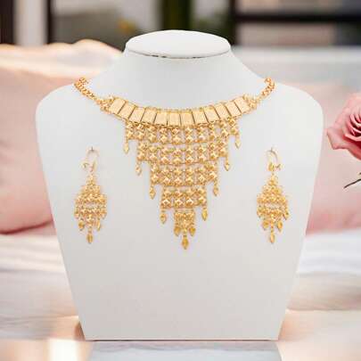 3pcs Luxury 18K Gold Plated Copper Metal Rose Flower, Stars & V-Shape Necklace, Choker, Earrings Set, Elegant Bridal Jewelry Gift For Mother's Day, Thanksgiving, Wedding
