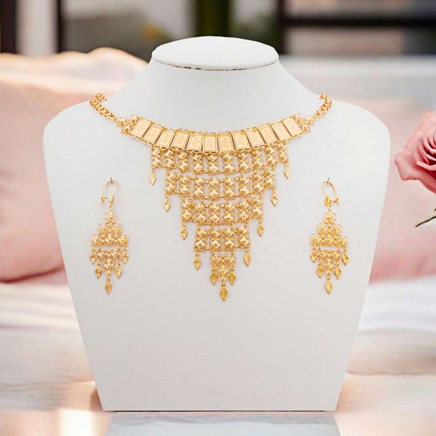 3 件套奢华 18K 镀金铜金属玫瑰花、星星和 V 形项链、颈链、耳环套装，优雅新娘珠宝礼物，适合母亲节、感恩节、婚礼 - 金色 - 查看 1