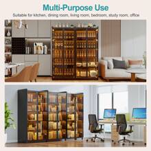 HNEBC Tall Storage Cabinet Up To 70", LED Kitchen Pantry Cabinet With Human Body Induction, 5 Tier Bookcase Display Cabinet With Adjustable Shelves For Living Room Office - màu đen - Xem 2