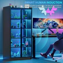 HNEBC Tall Storage Cabinet Up To 70", LED Kitchen Pantry Cabinet With Human Body Induction, 5 Tier Bookcase Display Cabinet With Adjustable Shelves For Living Room Office - màu đen - Xem 10