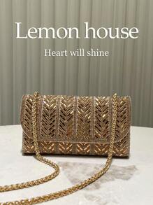 1pc Metallic Gold Glitter Rhinestone Decorated Small Clutch Bag, Envelope Style Crossbody Chain, Fashion Elegant Handbag For Evening Formal Events, Weddings, Parties, Suitable As Gift For Women, Tready Party Bags,Perfect For Party, Wedding, Prom, Dinner/Banquet, Essential Wedding Items,Perfectly Matching With Graduation Dress, Prom Dresses, Perfectly Matching With Prom Dresses For Women, Prom Accessories,Sequin Dress Women,Sparkly Dress,Elegant Dresses For Women, Elegant Prom Bag