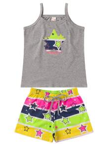 Kit com 5 Conjuntos Infantil Menina Verão Blusa Alcinha e Shorts com Elástico Tecido Algodão com Elastano - Multicolorido - Visão 2