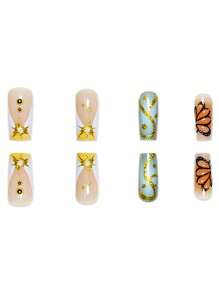 一盒24片中号方形指甲，绿色和橙色渐变，蝴蝶和金色手绘细节，按压式指甲套装，含指甲锉和果冻胶，适合所有女性，展现自然艺术风格，适合日常、旅行和特殊场合，提升指尖优雅气质。美甲用品 指甲 - 彩色 - 查看 4