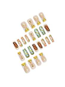 一盒24片中号方形指甲，绿色和橙色渐变，蝴蝶和金色手绘细节，按压式指甲套装，含指甲锉和果冻胶，适合所有女性，展现自然艺术风格，适合日常、旅行和特殊场合，提升指尖优雅气质。美甲用品 指甲 - 彩色 - 查看 6