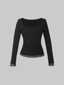 女士方领长袖蕾丝拼接休闲T恤 - 黑色 - 查看 2