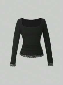T-shirt décontracté à manches longues avec empiècement en dentelle et encolure carrée pour femme