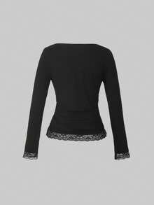 女士方领长袖蕾丝拼接休闲T恤 - 黑色 - 查看 3