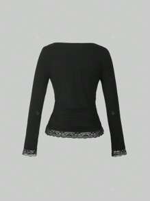 T-shirt décontracté à manches longues avec empiècement en dentelle et encolure carrée pour femme