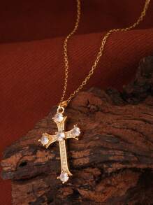 1pc 18K Gold Plated Luxurious Cross Design Necklace With 5 Big Rhinestones, Suitable For Party, Everyday Wear, Gift For Partner - Yellow Gold - View 4