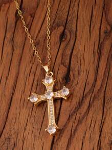 1pc 18K Gold Plated Luxurious Cross Design Necklace With 5 Big Rhinestones, Suitable For Party, Everyday Wear, Gift For Partner - Yellow Gold - View 6