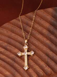 1pc 18K Gold Plated Luxurious Cross Design Necklace With 5 Big Rhinestones, Suitable For Party, Everyday Wear, Gift For Partner - Yellow Gold - View 2