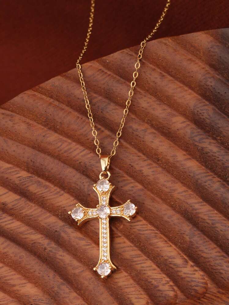 1pc 18K Gold Plated Luxurious Cross Design Necklace With 5 Big Rhinestones, Suitable For Party, Everyday Wear, Gift For Partner - Yellow Gold - View 2