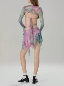 Women's 3 Piece Summer Outfits Long Sleeve Shrug Tops Tie Dye Print Vest Irregular Mini Skirt Set - 綠色 - 查看 3