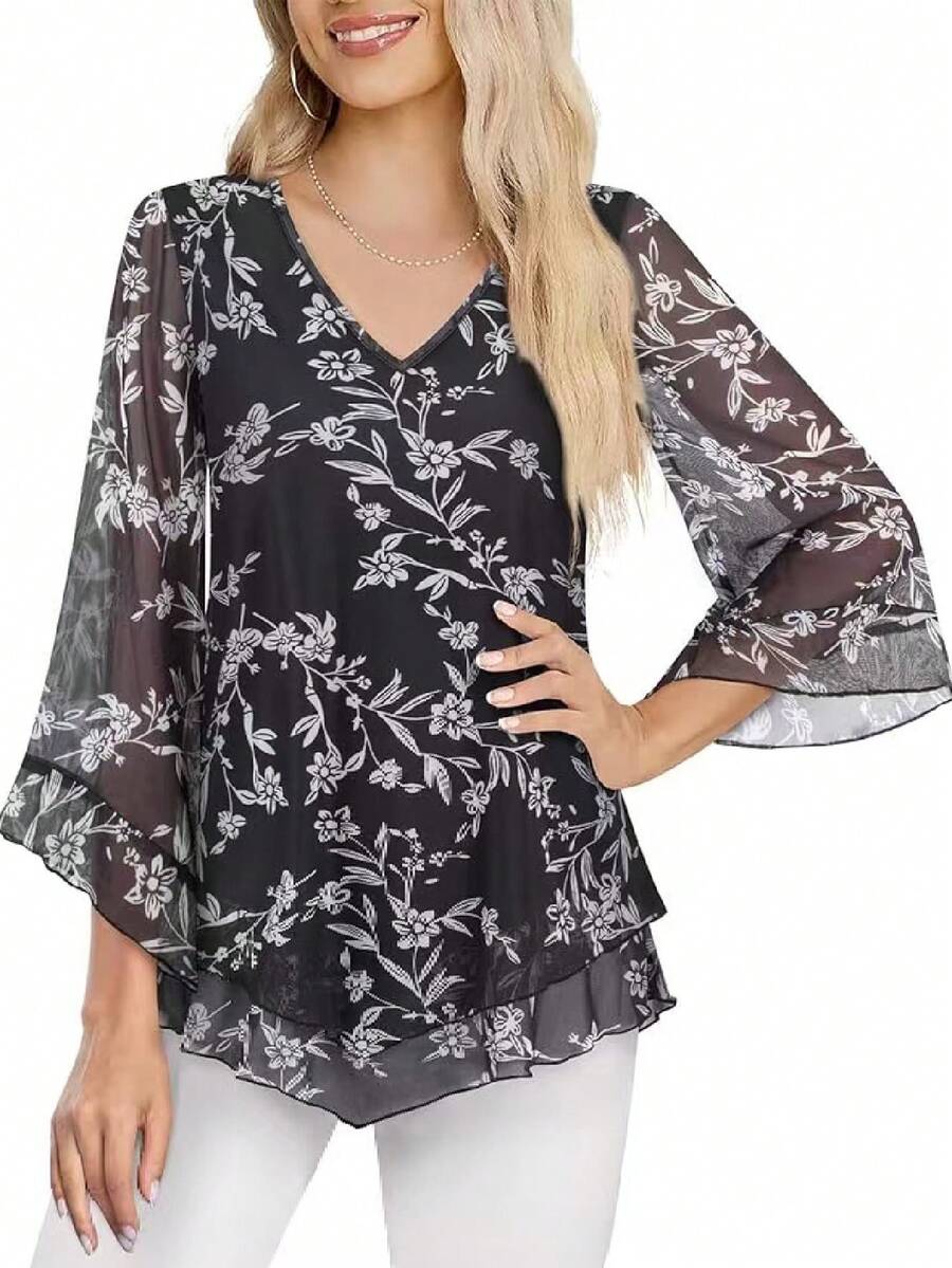 Camicetta con scollo a V, in chiffon, con volant asimmetrici, maniche a 3/4 - nero - Visualizzare 1