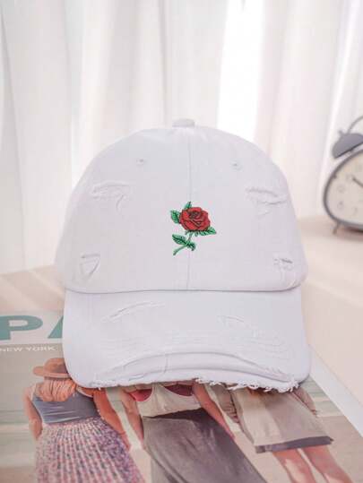 1 pieza Gorra de béisbol unisex con estilo Y2K, bordado de rosa y efecto desgastado, sombrero de protección solar apto para deportes y uso diario