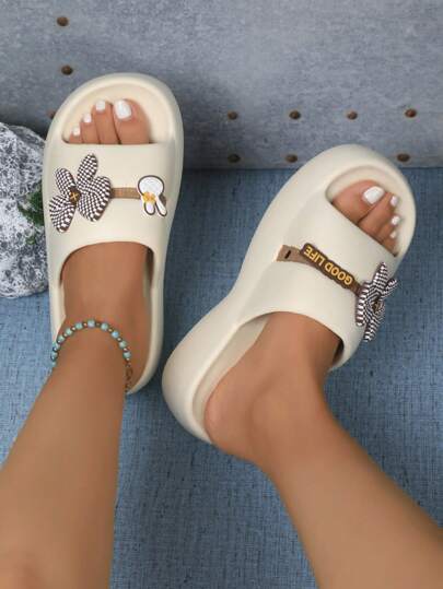 女士夏季厚底蝴蝶装饰拖鞋，时尚休闲家居凉鞋室内/户外沙滩装